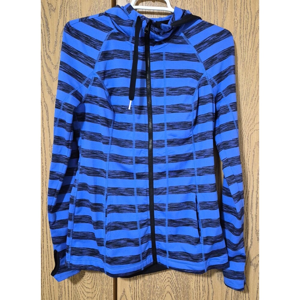 Lukka Women's Blue & Black Striped Athletic Jacket W/ Hoodie Pockets Size S